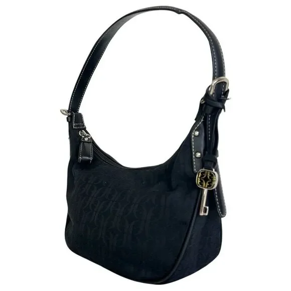 Fossil Y2K Mini Hobo Black Jacquard Leather Trim Logo Vintage Crescent Baguette - Picture 2 of 15